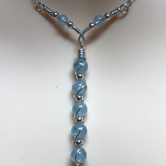 Aquamarine Sterling Silver Necklace- Y Style Aquamarine Necklace - Picture 2 of 6